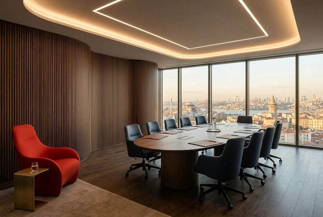 Commercial contract dispute negotiation room with curved acoustic timber slats, elliptical walnut table, Galata view and a red sculptural chair
