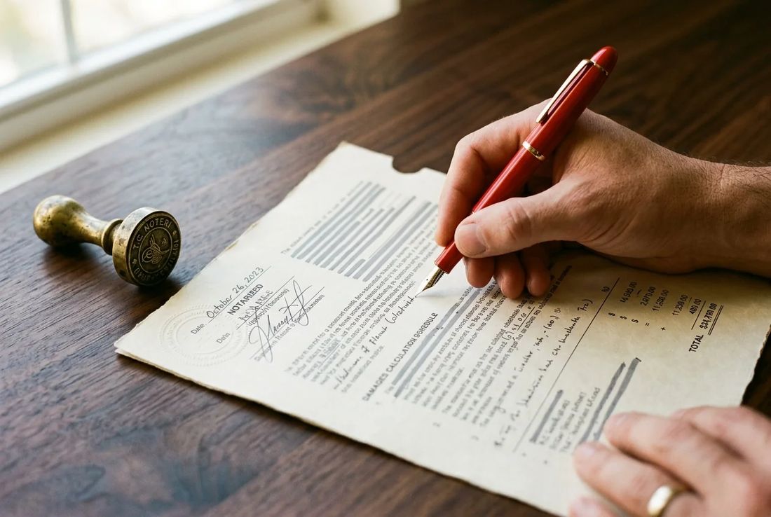 Single natural hand signing a notarized formal default notice (ihtarname) and damages calculation schedule with a red fountain pen
