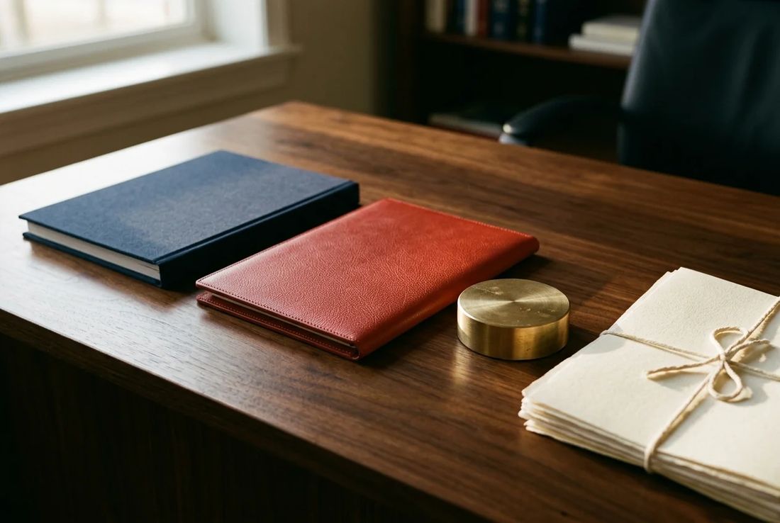 Navy TBK 6098 contract remedies and rescission portfolio beside a red leather notarized notice case, brass cylinder weight and supply agreements