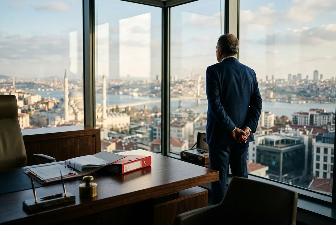 White-collar criminal defense partner in a dark navy suit reviewing anti-corruption compliance files in an Istanbul office overlooking the Golden Horn