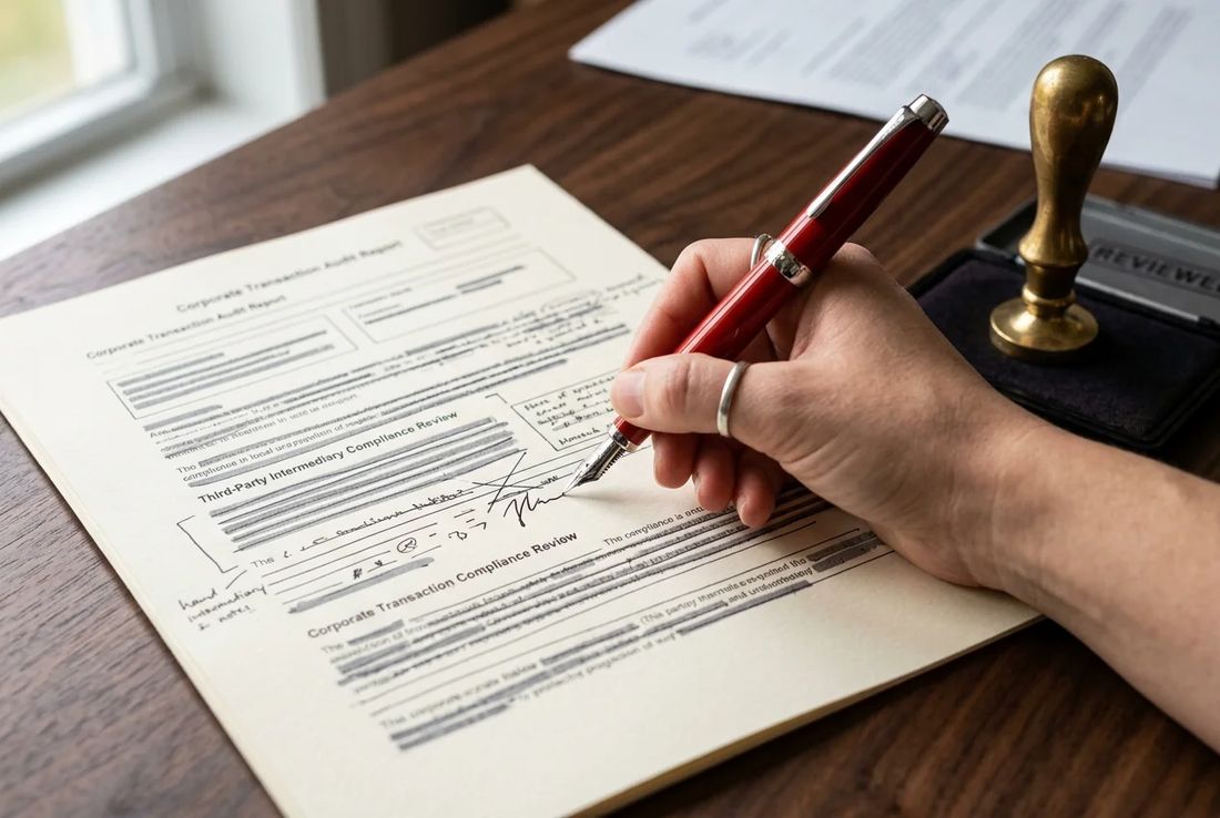 Single natural hand auditing a corporate compliance transaction report and third-party intermediary review with a red fountain pen