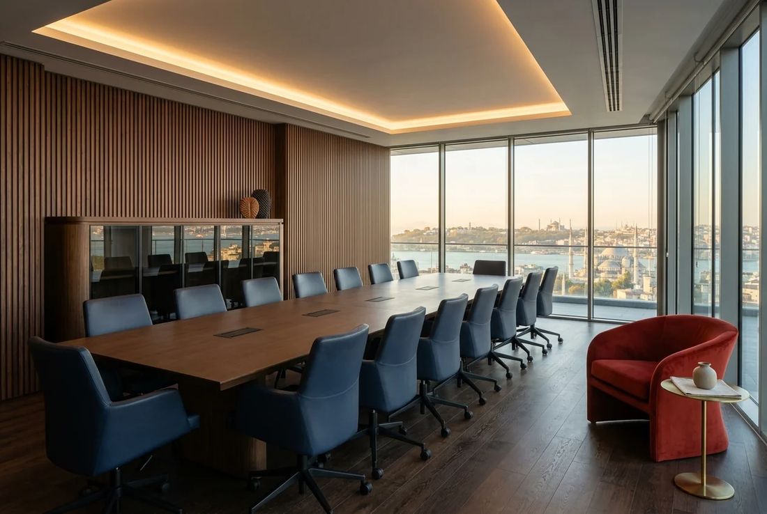 Executive corporate compliance and internal investigation briefing room with acoustic timber-slatted walls, walnut table and a red chair