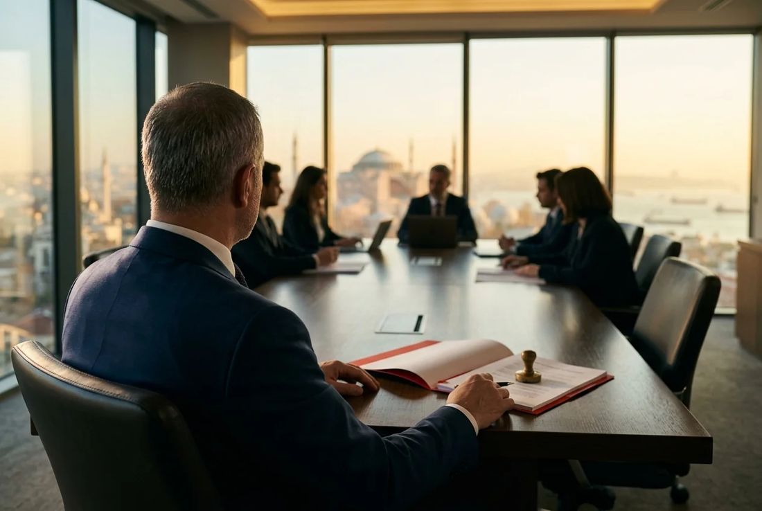 Corporate M&A strategist in a dark navy suit reviewing acquisition transaction files in an Istanbul office overlooking the skyline
