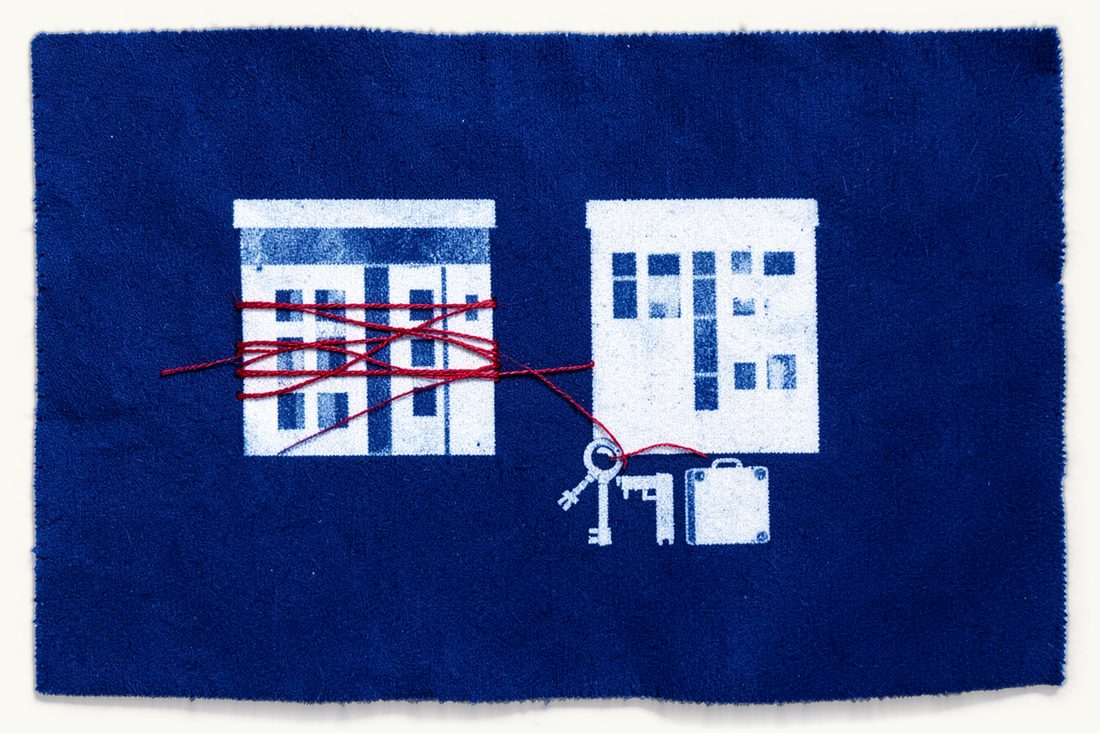Share deal or asset deal in Turkey: two identical office blocks, one wrapped in red thread and one bare beside a key and a small suitcase, cyanotype print