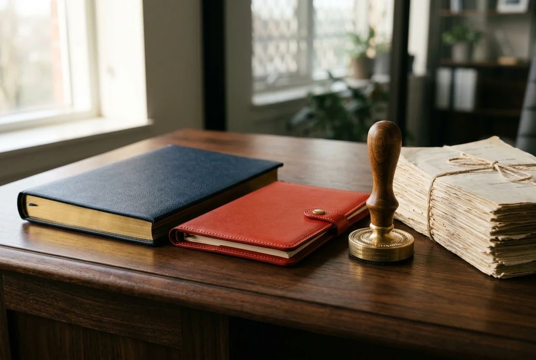 Navy corporate share ledger binder (pay defteri), textured red leather closing portfolio, brass stamp and due diligence files
