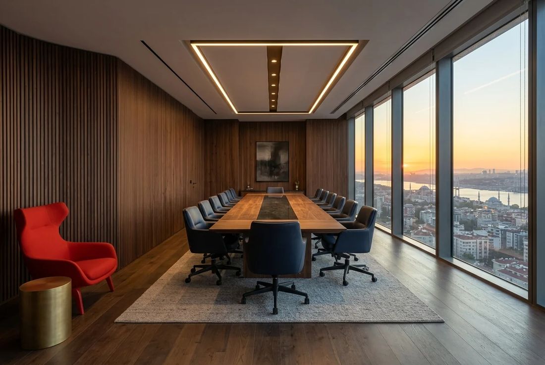 Prestigious M&A closing suite with acoustic wood-slatted walls, custom walnut and marble table, sunset Bosphorus view and a red sculptural chair