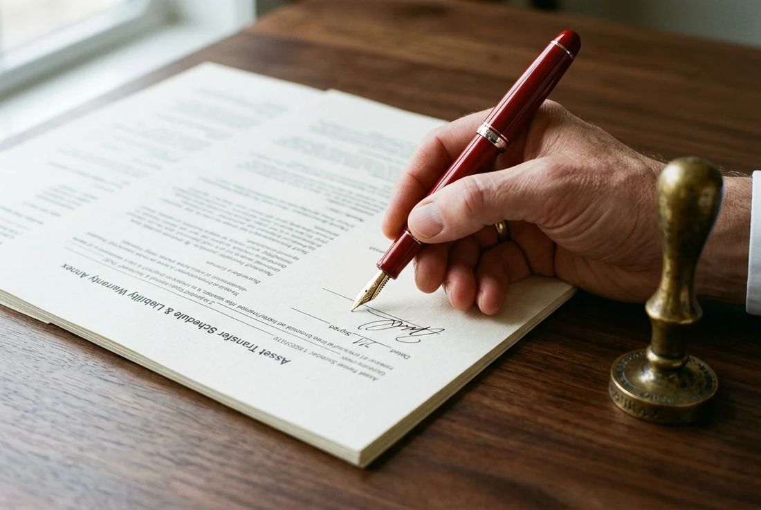 Single hand auditing a share transfer agreement and trade registry records with a red pen and brass ruler on a walnut desk