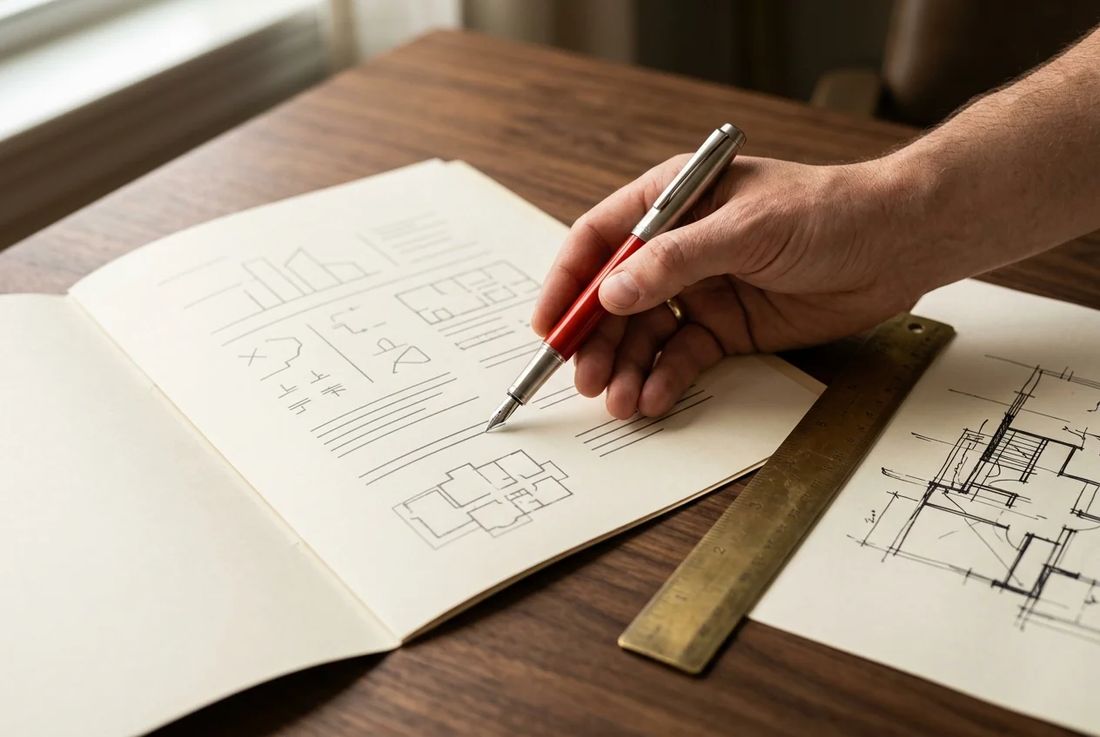 Single hand reviewing an opened property due diligence file with a red pen and brass ruler on a walnut desk