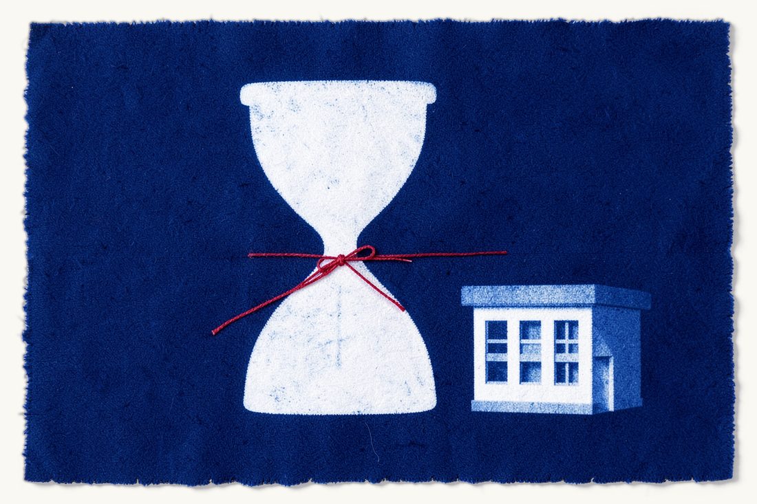The temporary foreign exchange loss exemption under the Turkish Commercial Code: a large hourglass with a red thread wound round its waist and tied to a small office block, cyanotype print