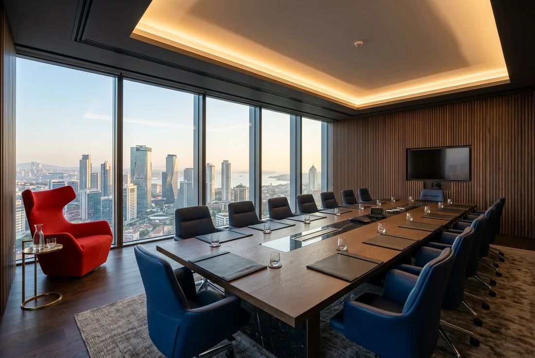High-level capital markets investor boardroom with acoustic timber-slatted walls, long oak conference table, financial skyline view and a red chair