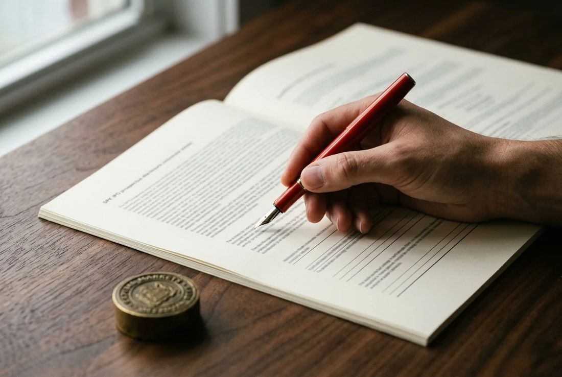 Single hand signing an official CMB IPO prospectus disclosure schedule and qualified investor allocation annex with a red fountain pen