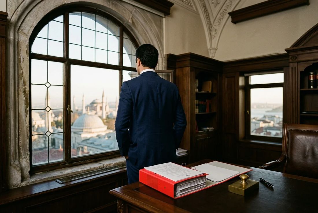 Arbitration attorney in a dark navy suit standing at an arched window in a historic Istanbul courthouse overlooking Hagia Sophia with a set-aside file