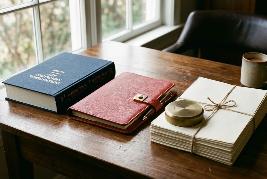 Navy International Arbitration Law No. 4686 binder beside a red leather public order defense portfolio, brass weight and arbitral transcripts