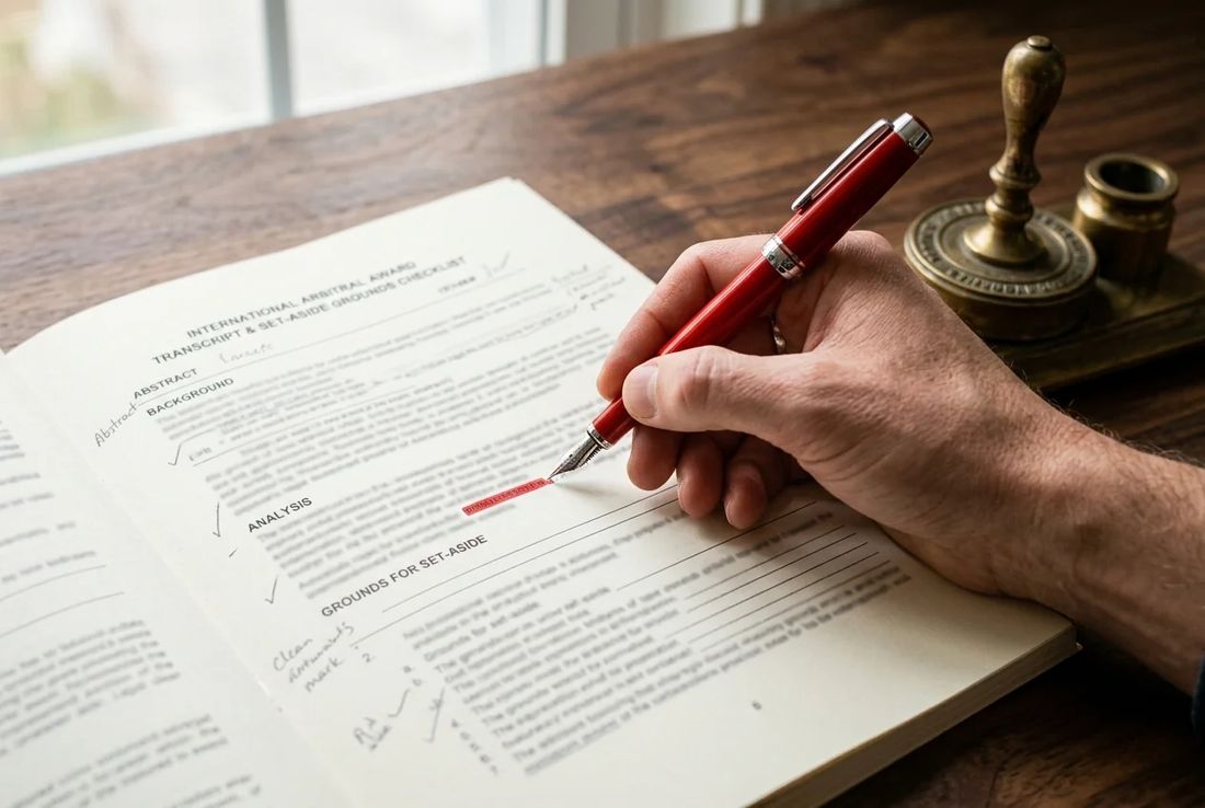 Single natural hand auditing an arbitral award and set-aside grounds checklist with a red fountain pen and procedural stamp