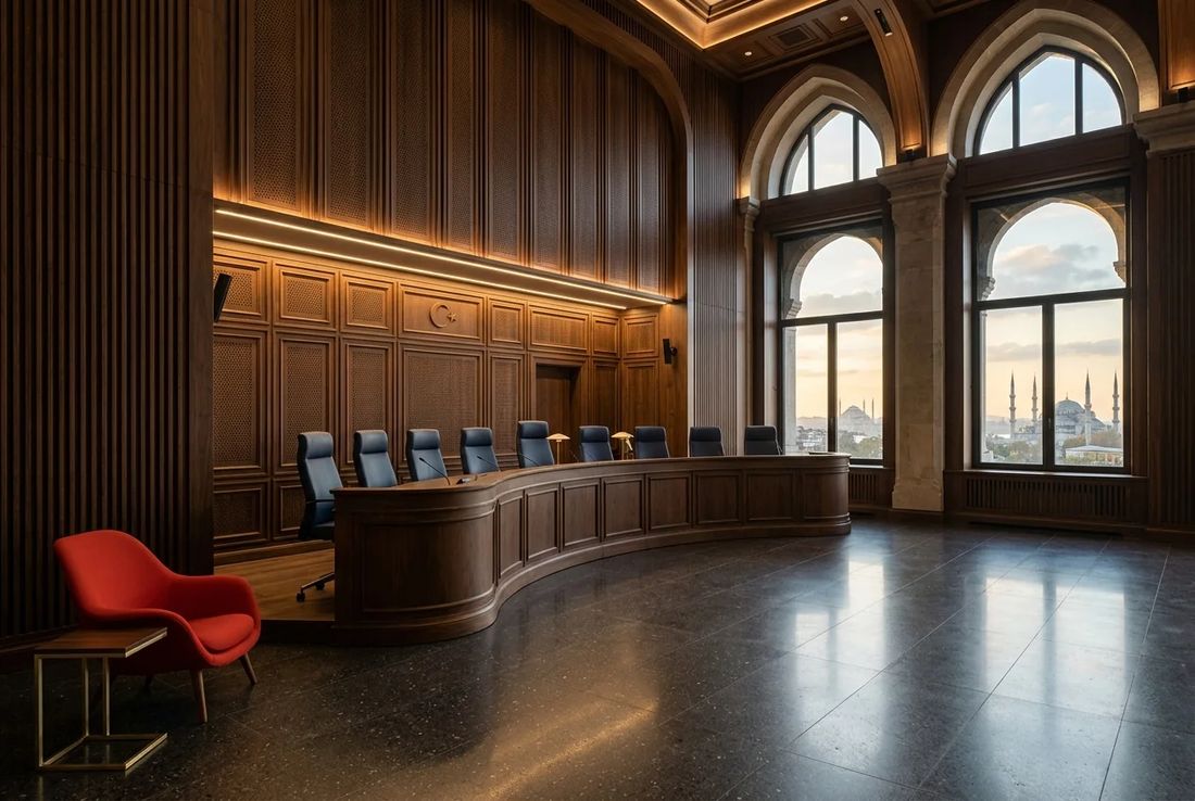 Historic Regional Court of Justice appellate arbitration chamber with high ceilings, mahogany tribunal bench and a red accent chair
