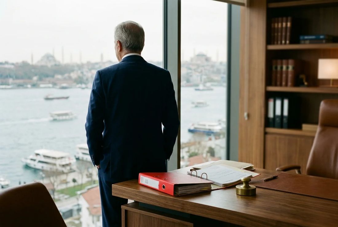 Cross-border family law attorney in a dark navy suit reviewing international child custody and divorce files in an Istanbul office overlooking the Bosphorus