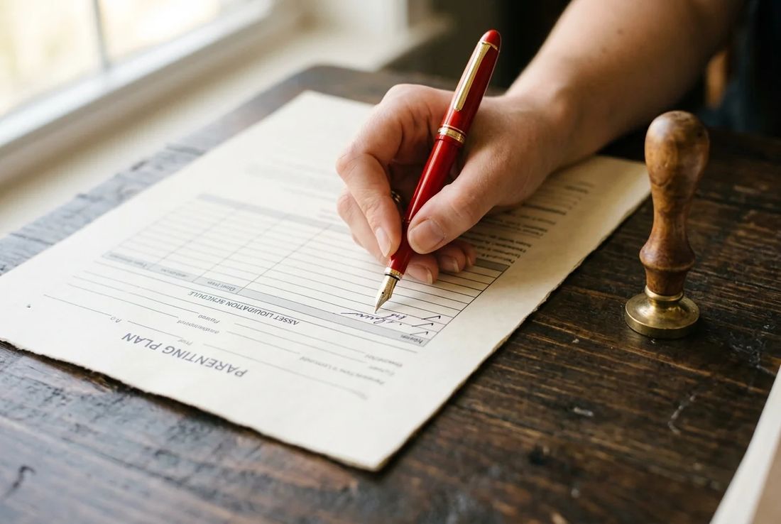 Single natural hand executing a cross-border child custody parenting plan and matrimonial asset liquidation schedule with a red pen