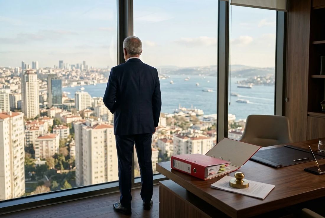 Real estate litigation attorney in a dark navy suit reviewing land registry title search files in an Istanbul high-rise office overlooking the Bosphorus