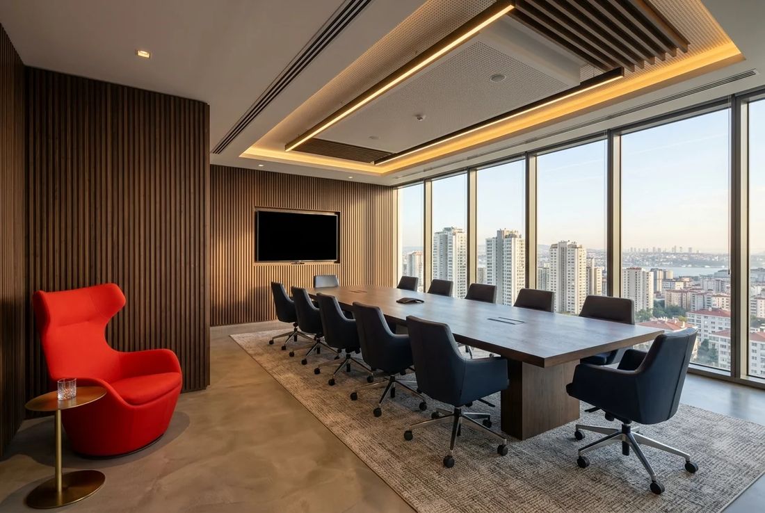 Executive property transaction boardroom with acoustic vertical timber slats, long oak table, city skyline view and a red accent chair
