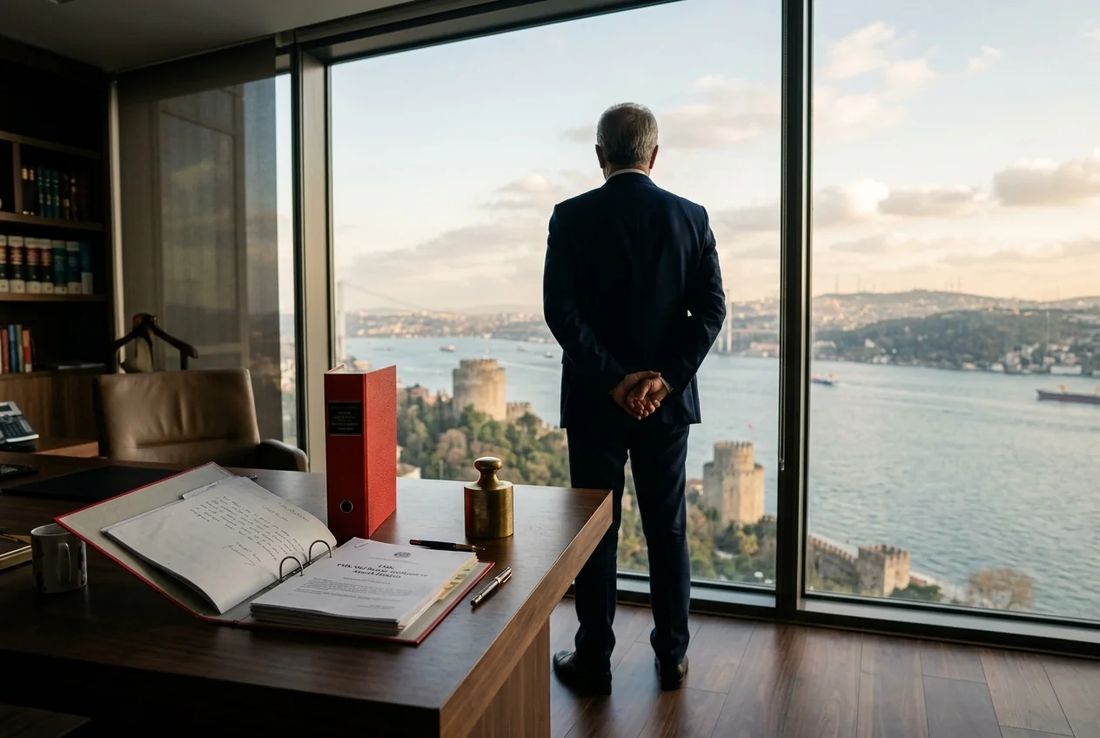 Family law attorney in a dark navy suit reviewing marital asset classification files in an Istanbul office overlooking the Bosphorus