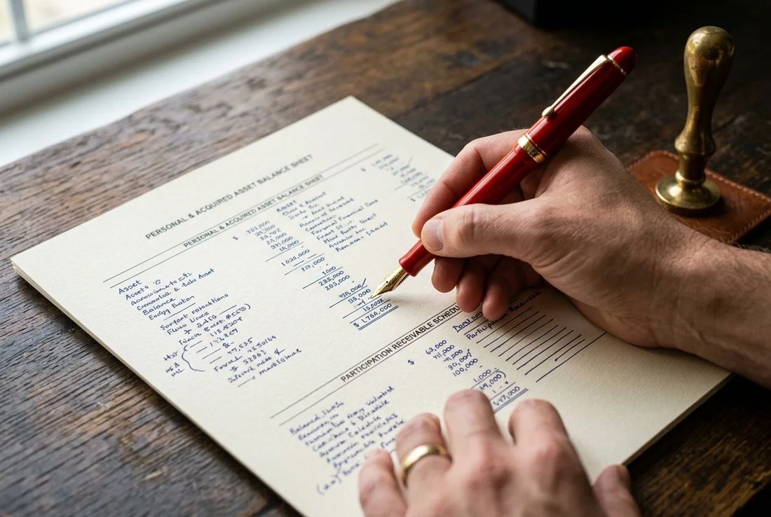 Single natural hand auditing a marital asset liquidation balance sheet and contribution claim calculation with a red fountain pen
