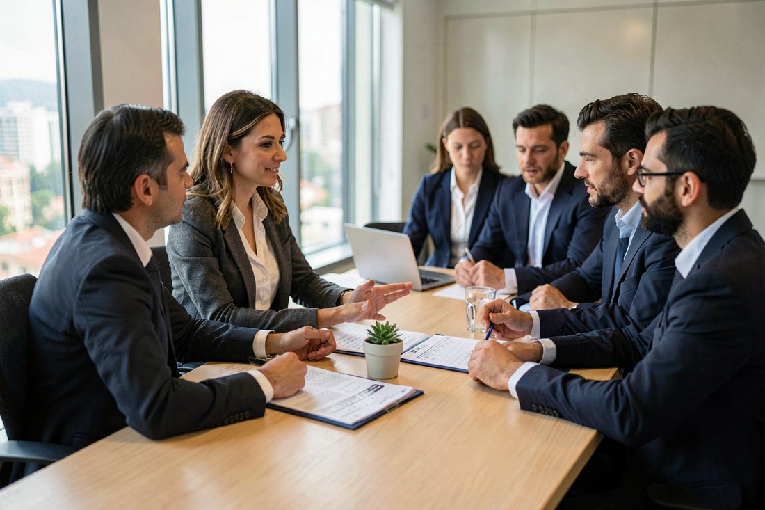 Board members and legal advisers of a Turkish joint stock company reviewing a share buyback proposal and balance sheet figures at a conference table before a general assembly