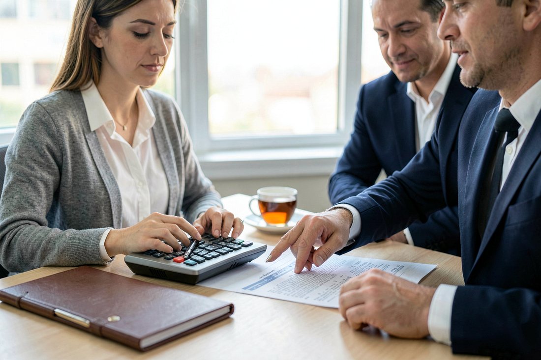 Finance director and company lawyer checking a balance sheet and reserve accounts with a calculator before a share buyback in a Turkish company office