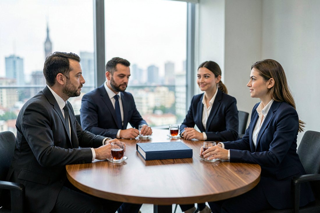 Three shareholders in dark suits and a lawyer in a navy suit sit around an oval walnut table in a bright Istanbul boardroom, all looking at a thick bound document lying closed in the centre of the table, with tulip-shaped tea glasses and a blurred city skyline behind