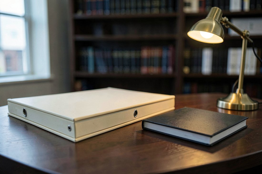 A plain cream ring binder with a blank spine lying on a dark wood desk next to a closed black notebook and a brass desk lamp giving warm light, with blurred bookshelves behind