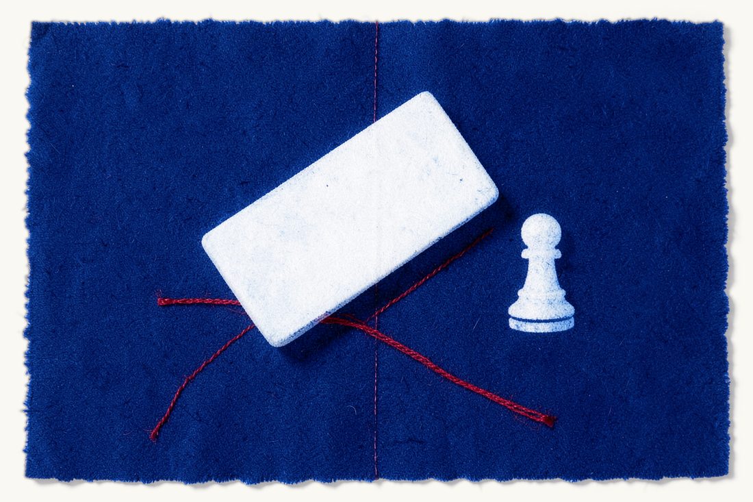 Overcoming a debtor's objection in Turkish debt collection: a large plain eraser rubbing out a big red X made of thread, a chess pawn waiting beside it, cyanotype print