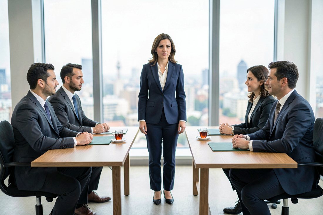 Two small groups of business people in dark suits sit at two separate walnut tables in a bright Istanbul meeting room while a female lawyer in a navy suit stands between the tables, each table with one closed plain green binder and tulip-shaped tea glasses