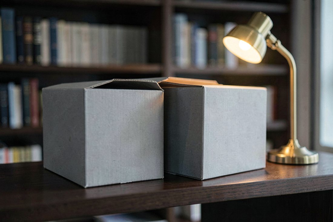 Two identical plain grey cardboard archive boxes with blank lids stand on a dark wooden shelf, one pulled slightly apart from the other, beside a brass desk lamp giving warm light