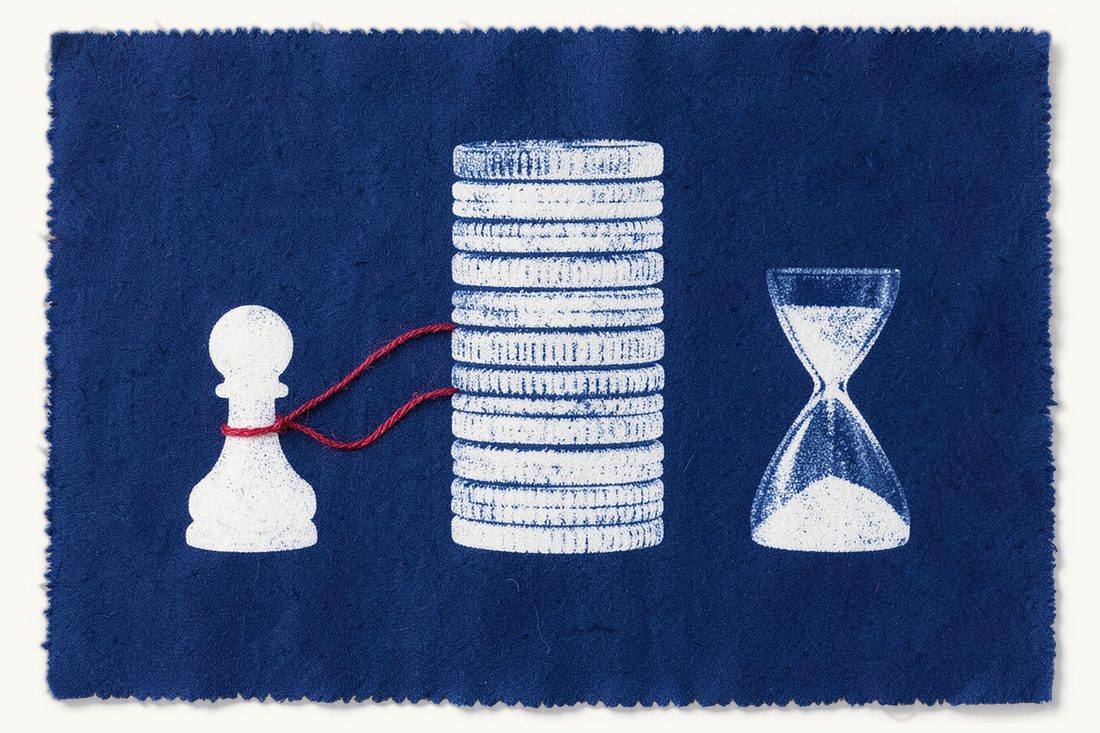 L'indemnité de sortie d'un associé quittant une SARL turque: un pion d'échecs relié par un fil rouge à une grande pile de pièces, puis à un petit sablier, cyanotype