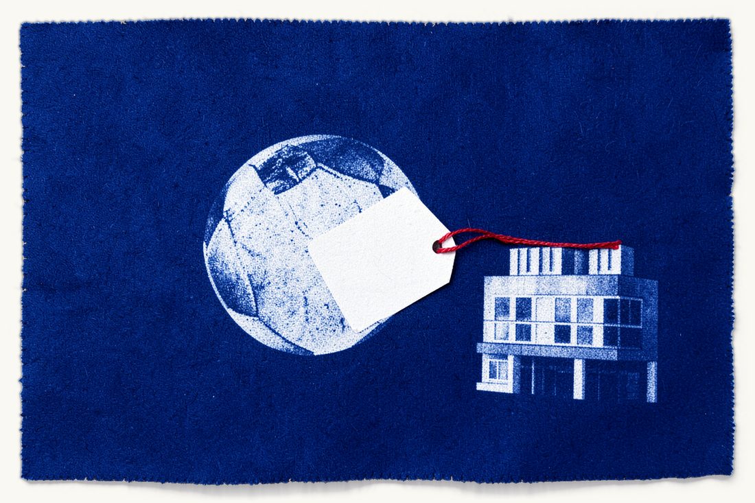 Naming rights of Turkish sports clubs: a large football with a blank tag tied to it by a red thread, which runs on to a small low office block, cyanotype print