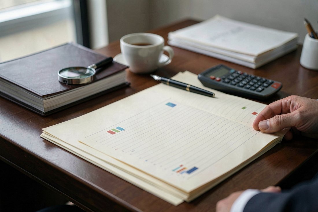 Close-up of an auditor's desk in a Turkish law office with a magnifying glass resting on blurred financial statements, a calculator, stacked folders, a fountain pen and a cup of tea