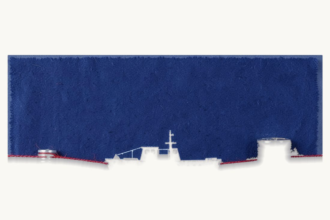 Two ways a salvor is paid: a tugboat in the centre with a red thread forking to opposite sides toward two coin stacks of different heights, cyanotype print