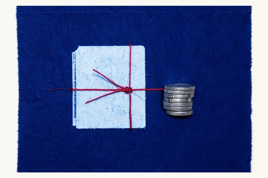 Closing a Turkish company beyond the registry step: a document folder tied shut with a red thread and a knot, beside a short low stack of coins seen edge-on, cyanotype print