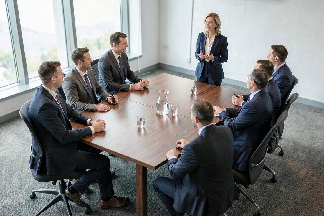 Seen from a high angle, six men in dark suits sit along two long walnut tables pushed together end to end in a bright modern boardroom, while a female lawyer in a navy suit stands at the far end and speaks; glasses of water and a glass carafe stand on the tables