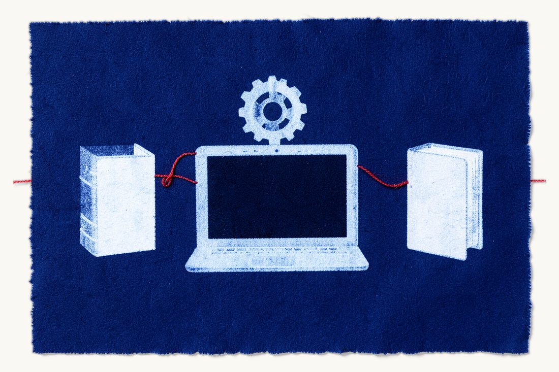 تنظيم الذكاء الاصطناعي عبر القوانين القائمة: حاسوب محمول كبير بشاشة داكنة يعلوه ترس، وخيط أحمر يلتف منه إلى كتابين قديمين سميكين على الجانبين، طباعة سيانوتايب