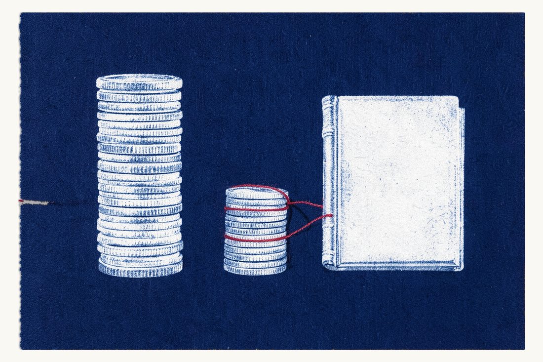 Partial versus indeterminate claim lawsuits: a tall stack of plain silver coins beside a short stack bound by red thread to a closed antique book, cyanotype print