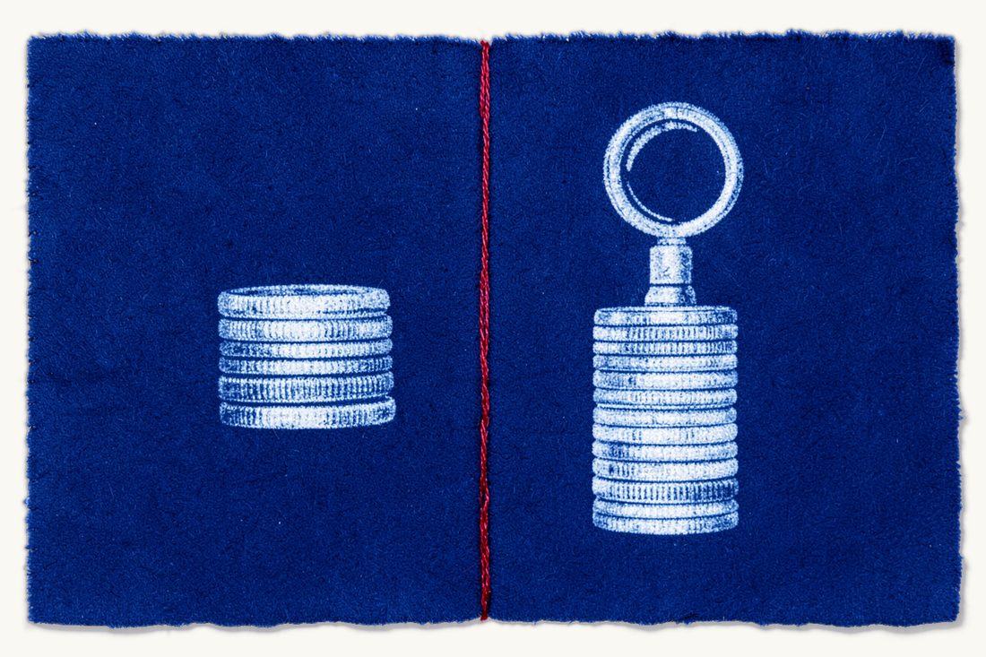 Partial and indeterminate-claim lawsuits compared: a vertical red stitched line dividing the print, a short stack of coins on the left, a tall stack with a magnifying glass on the right, cyanotype print