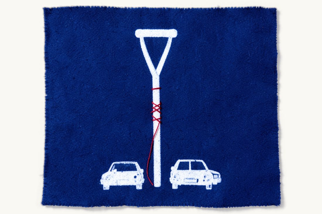 Compensation for pecuniary and non-pecuniary damage in Türkiye: a tall crutch wrapped in red thread like a bandage, two small cars touching bumpers at its foot, cyanotype print