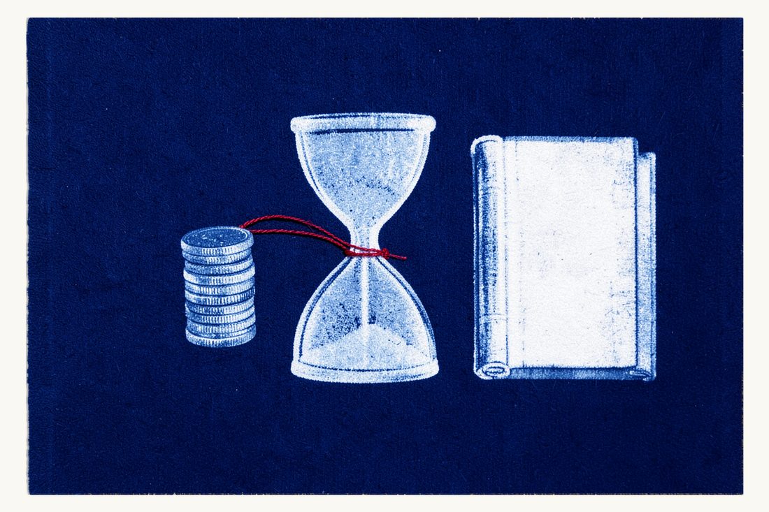 Court discretion in assessing damages: a large hourglass between a thick antique book and two coin stacks, a red thread running from the book and looping around the shorter stack, cyanotype print