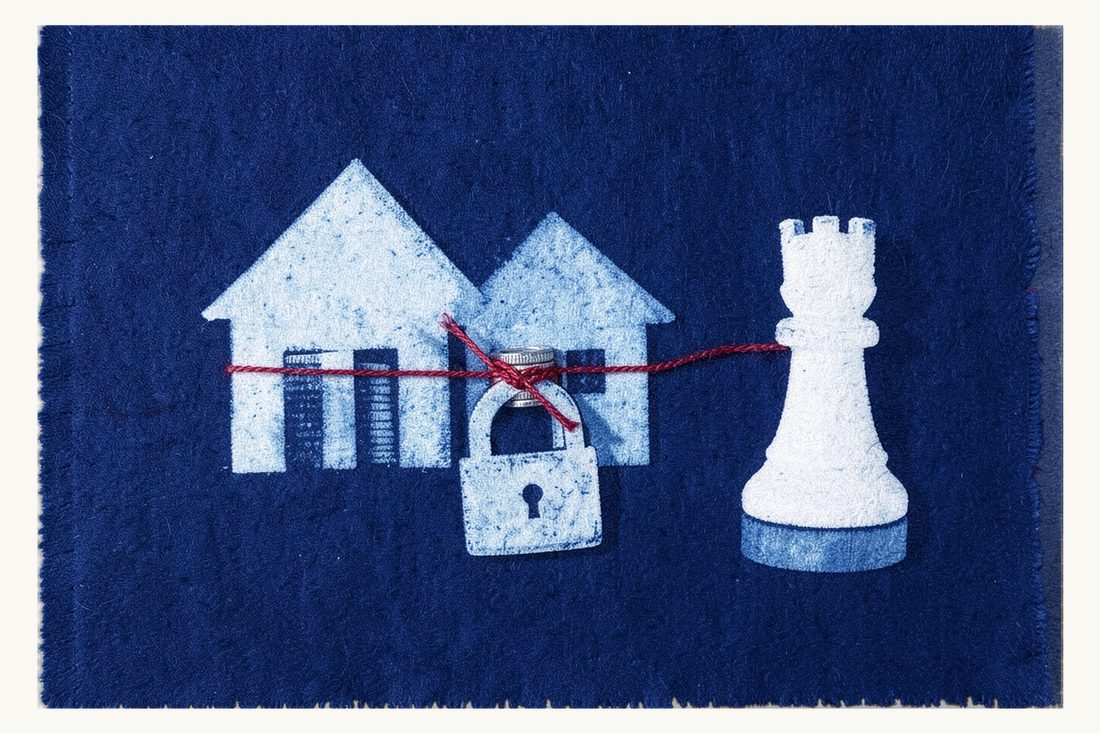 Precautionary attachment freezing a debtor's assets: a red thread binding stacks of coins and a small house, fastened by a large padlock, a chess rook standing apart, cyanotype print