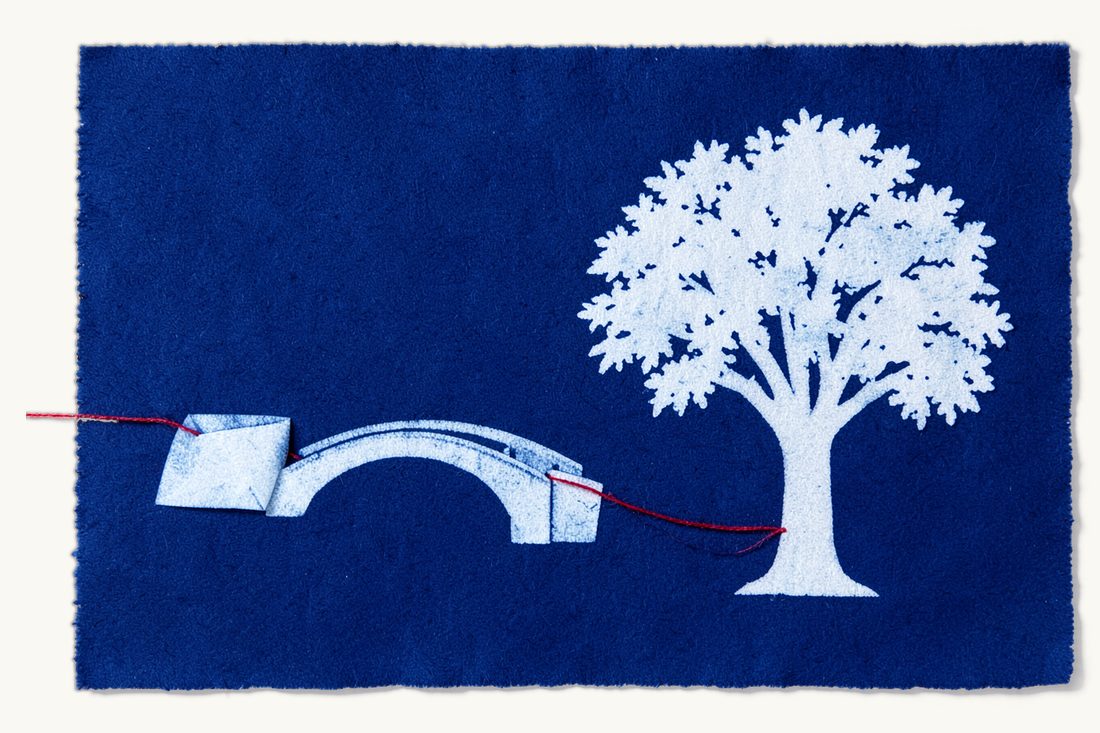 Recognition of a foreign succession ruling in Türkiye: a folded sheet at the end of an arched bridge, a red thread crossing it to a leafy tree on the right, cyanotype print