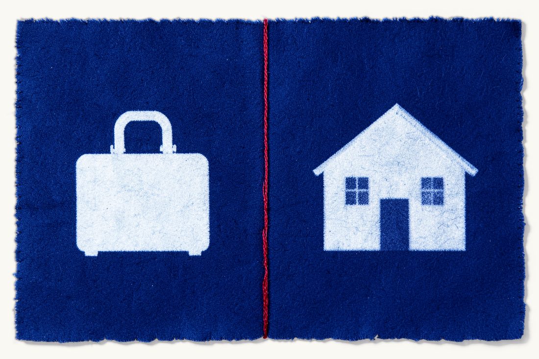 Movable versus immovable property in recognising a foreign inheritance ruling: a vertical red thread divides a large suitcase on the left from a large house on the right, cyanotype print