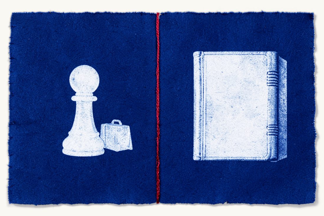 Cyanotype print in deep Prussian blue divided by a vertical red thread: on the left a chess pawn with a small suitcase, on the right the silhouette of a thick antique book