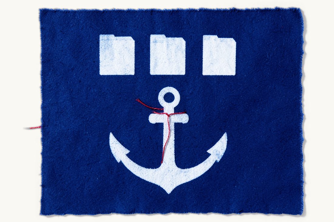 Registering a yacht in Türkiye as a foreigner: a large ship's anchor beside a chess pawn, three differently sized document folders above, a red thread joining the anchor to the middle folder, cyanotype print