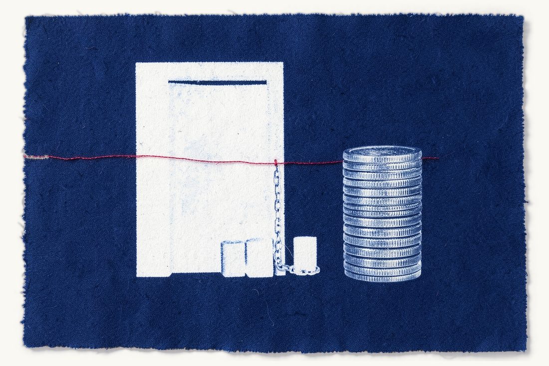 Licensing and minimum capital for crypto platforms: a large half-open door with a row of linked cubes on its threshold, tied by red thread to a tall coin stack, cyanotype print