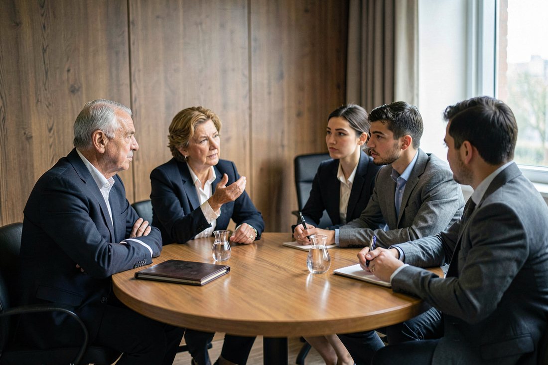 Four partners of a family company in plain business clothes and a lawyer around an oval wooden table in a small Istanbul meeting room, a closed leather folder and tea glasses on the table